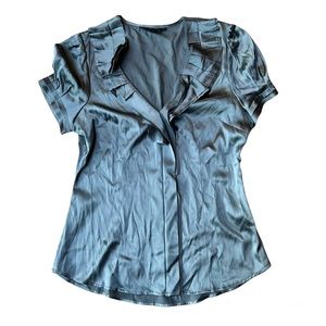 BCBGMAXAZRIA gun metal satin short sleeved blouse with ruffle detail